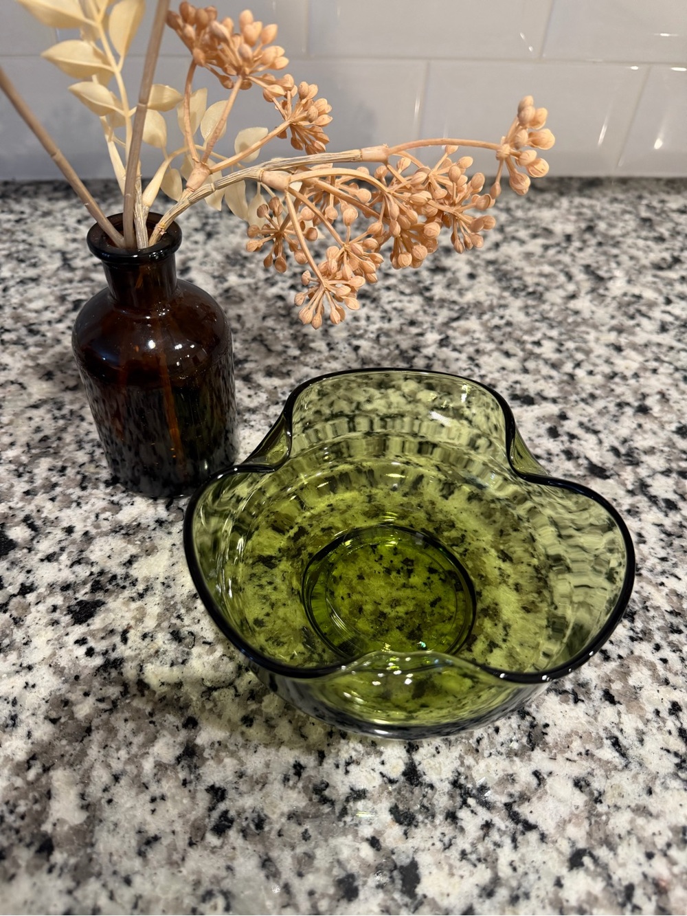 Anchor Hocking MCM Avocado Green Glass abstract Bowl